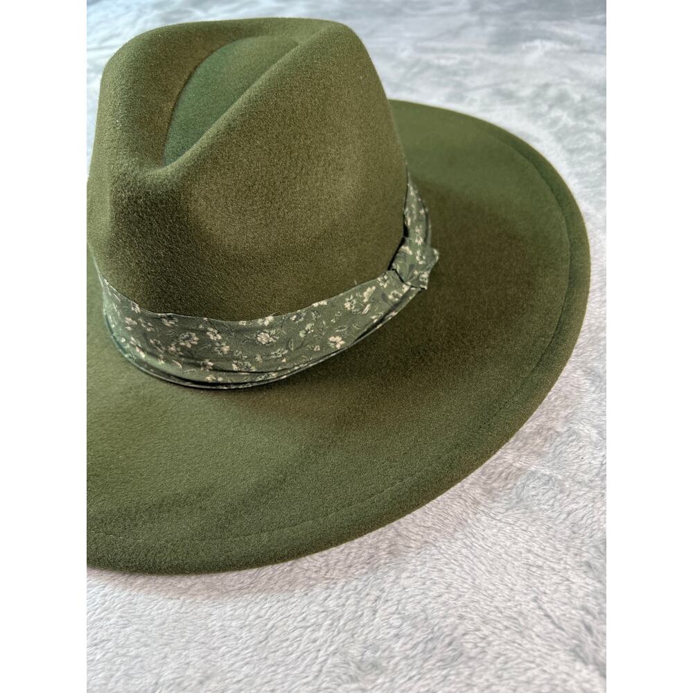 Olive Green Boho Wide Brim Hat Structured Crown Floral Band Western - Picture 2 of 6